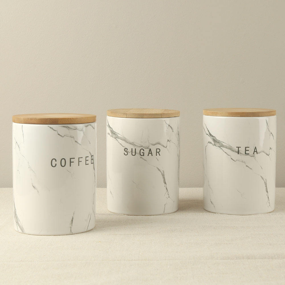  Gray Marble Decal Custom Design Ceramic Coffee Tea Sugar Canister Jar with Bamboo Lid and Silicone Ring Set