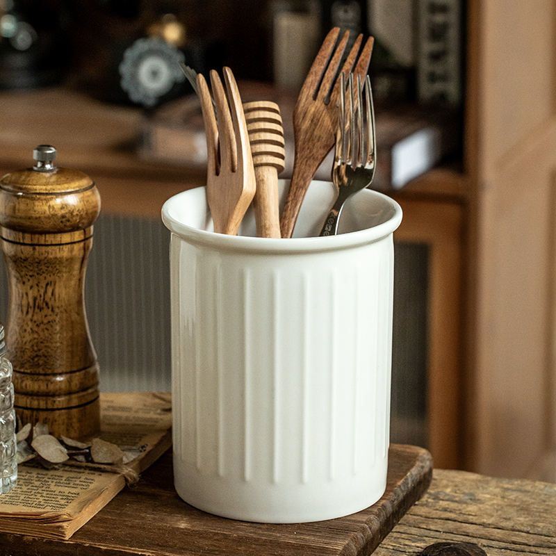 Large&Deep White Ceramic Utensil Holder for Kitchen Counter Minimalist in Aesthetic Kitchen Decor Capacity Storage Canister