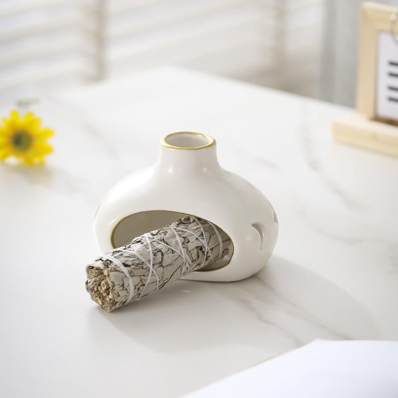 New Sacred Wood Sage Aromatherapy Burner Ceramic Base with Sandalwood & Palo Santo Wax Plug Incense & Incense Holders