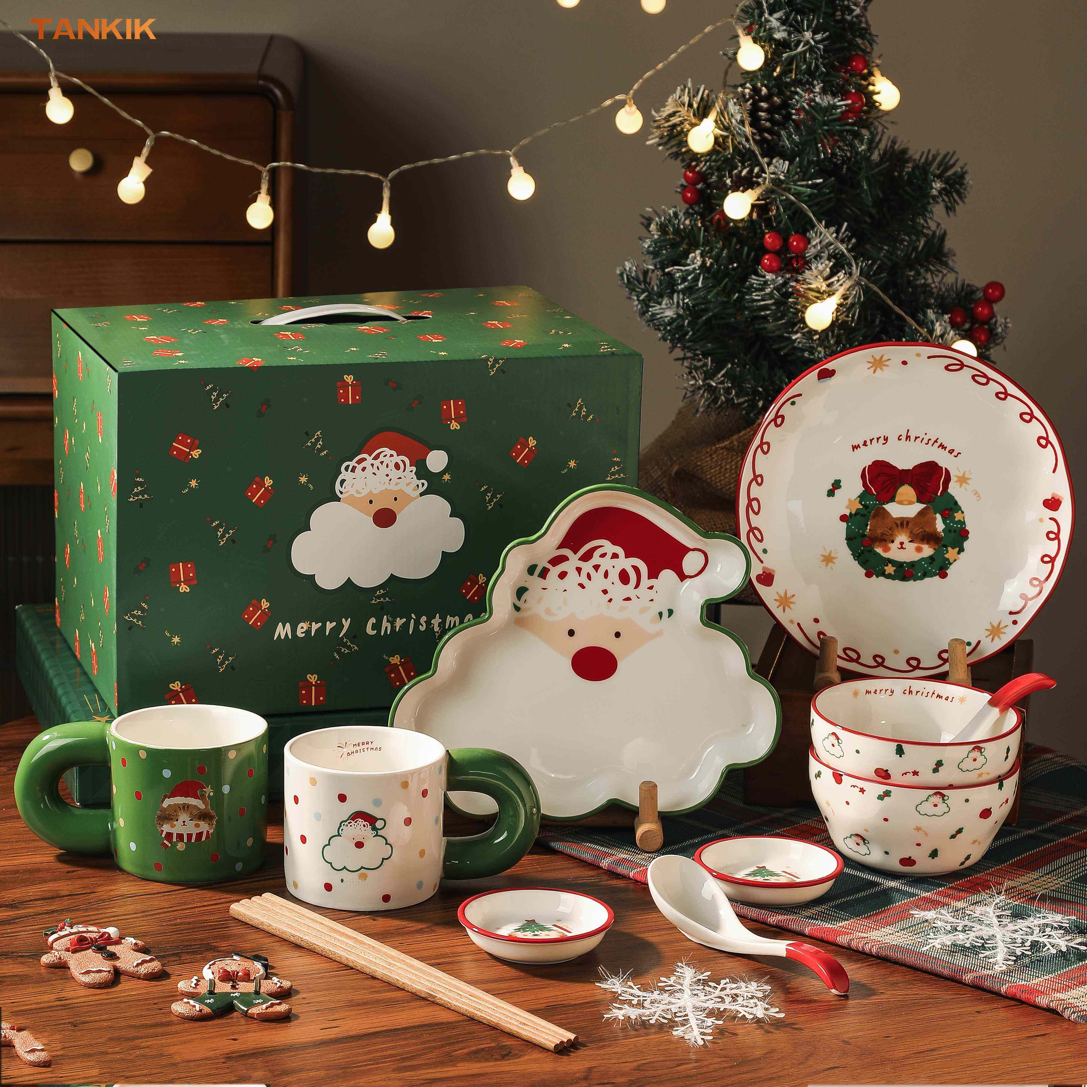 New  Cartoon Santa Claus Christmas Family Daily Friend Gift Mug Dinnerware Ceramic Porcelain Gift Bowl Plate Cup