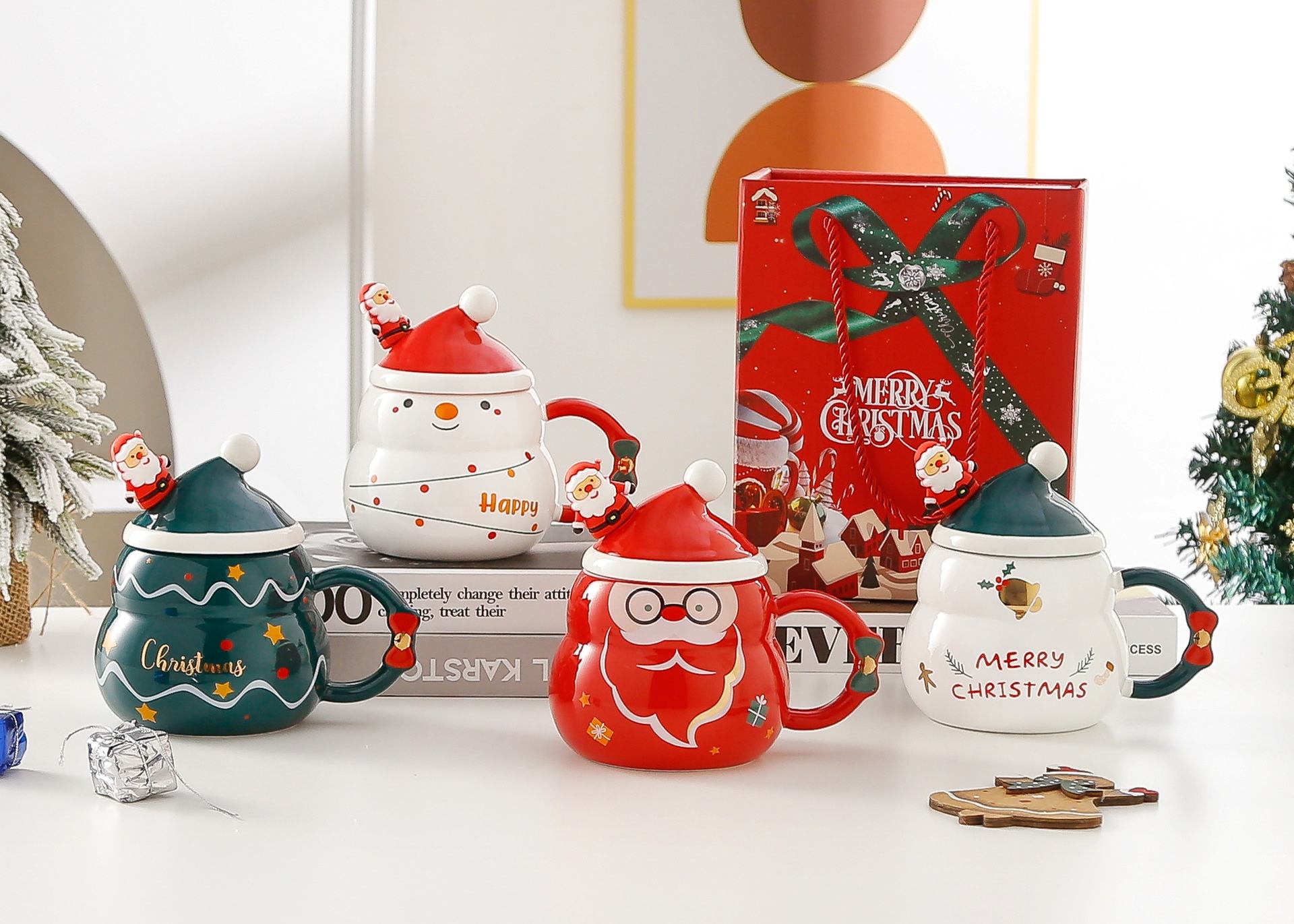 Christmas Ceramic Cup With Lid Spoon Cartoon Santa Claus Gift Box Christmas Mug