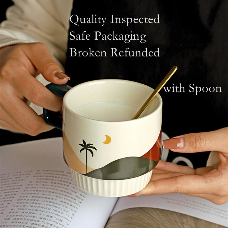 Modern 11oz Tea Water Cup Nordic Design Printed Decorative Ceramic Coffee Mug with Spoon