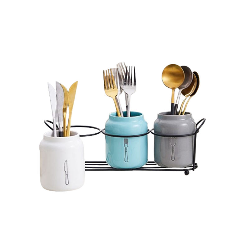 Modern Durable Ceramic Cutlery Caddy with Metal Rack Flatware Organizer Cups for Kitchen Storage Folding Design Sink Compatible