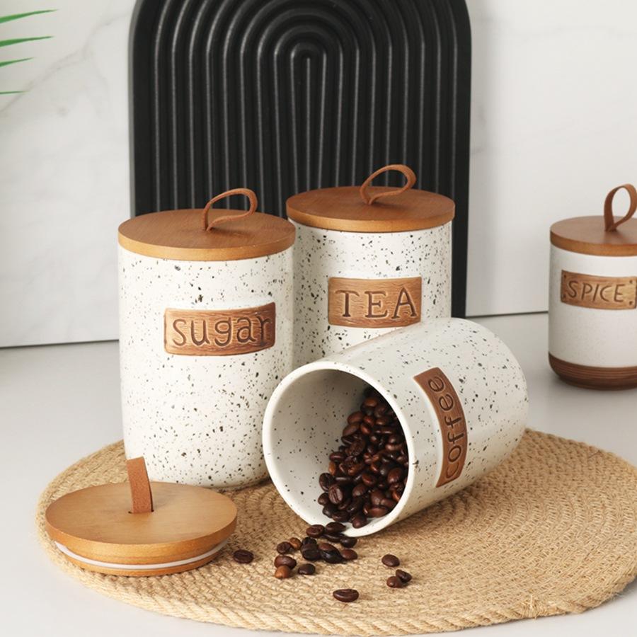 Handmade Ceramic Storage Jar Set with Wooden Lid Multi-Purpose Decorative Canister for Spices and Cookies