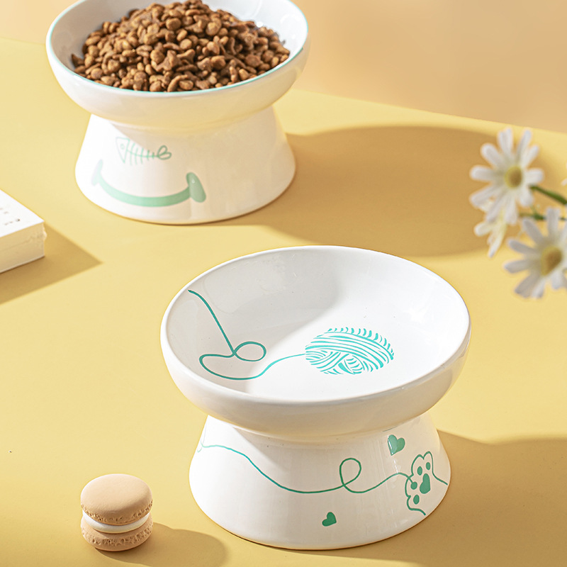 Easy Clean Round Durable Anti-slip Ceramic Cat Water Food Feeder Cartoon Printed Ceramic Puppy Dog Elevated Bowl for Cats Indoor