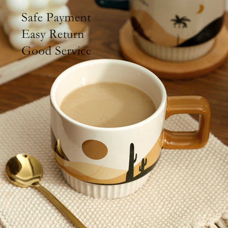 Modern 11oz Tea Water Cup Nordic Design Printed Decorative Ceramic Coffee Mug with Spoon