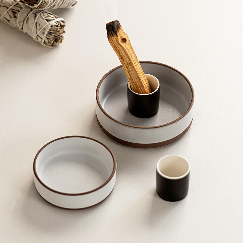 Brûleur en céramique en forme de cercle pour Palo Santo, rouleaux de moxa, brûleur à encens avec cheminée, support en céramique pour Palo Santo, cadeau de méditation pour le sauge