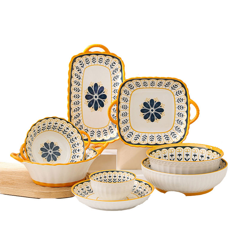 Nordic Style Creative Ceramic Bowl Dish Tableware Hand-Painted Luxury European Floral Pattern Plate for Home Use Packaged Dishes