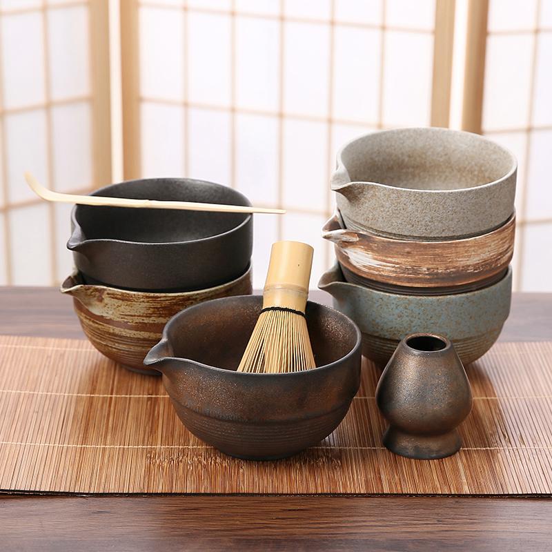 Rough Ceramic Matcha Tea ToolsCeramic Matcha Bowl with SpoutTea Brush SetJapanese Tea BeatersMatcha Powder Stirrer