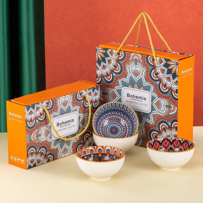 Hot Selling Bohemian Style Set 2 4 Ceramic Bowls Tableware Stoneware Set 6 Color Box Dinnerware Set Bowls