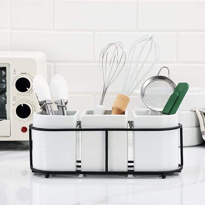 Ceramic Flatware Holder Caddy with Metal Rack Utensil Holder Caddy for Spoons Knives and Forks Cutlery Organizer