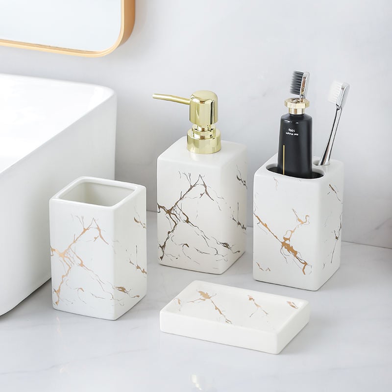 4pcs Anti slip Bottom Marble Pattern Modern Ceramic Bathroom Set Essential for Washing, Family Hotel Bathroom Mouthwash Cup