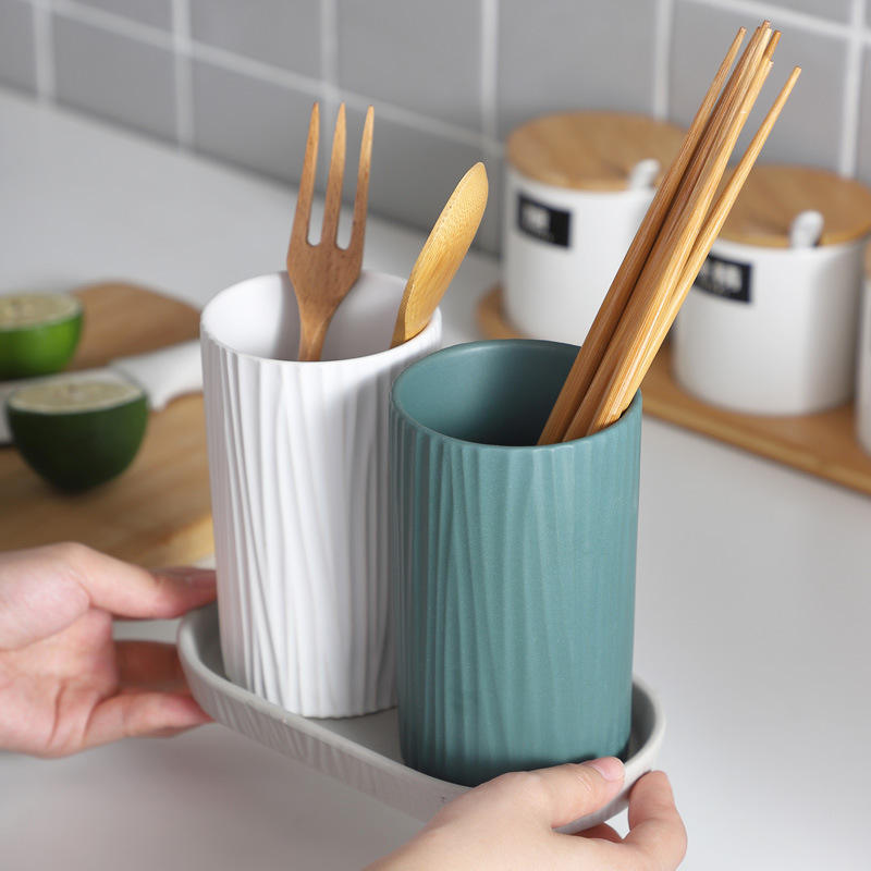 Kitchen Utensil Holder Matte White Chopsticks Cutlery Holder Ceramic Utensil Holder With Tray