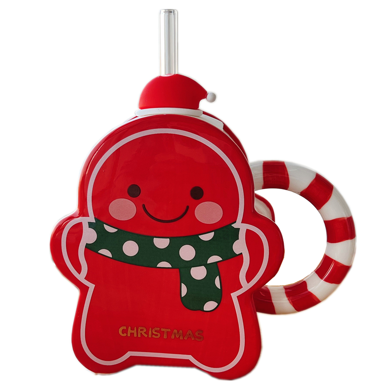 Cute Christmas Gingerbread Man Ceramic Straw Mug Creative Mug with Lid High-value Gift Mug Student Mugs
