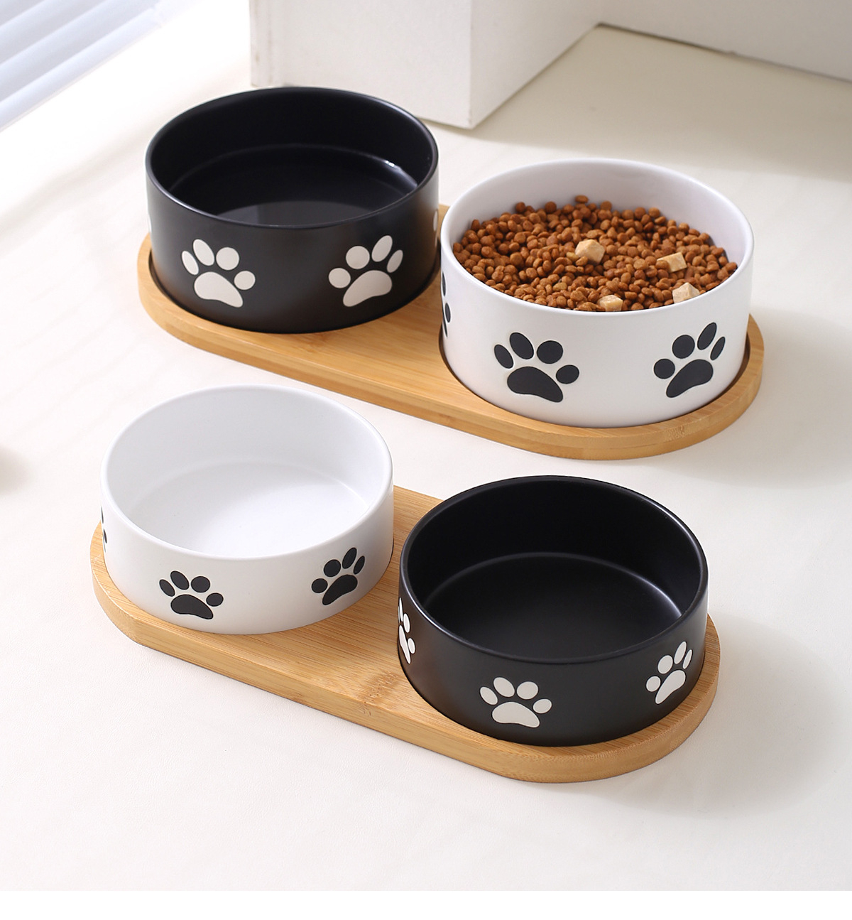 Custom Print Manufacturer Paw Printed Ceramic Wooden Frame Pet Cat Dog Bowl