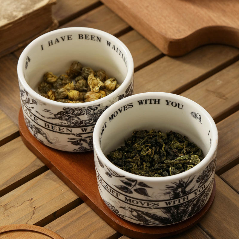 Vintage Design Round Shape Ceramic Tea Coffee Storage Jar With Wooden Bamboo Lid Custom Retro Pattern Kitchen Organizer