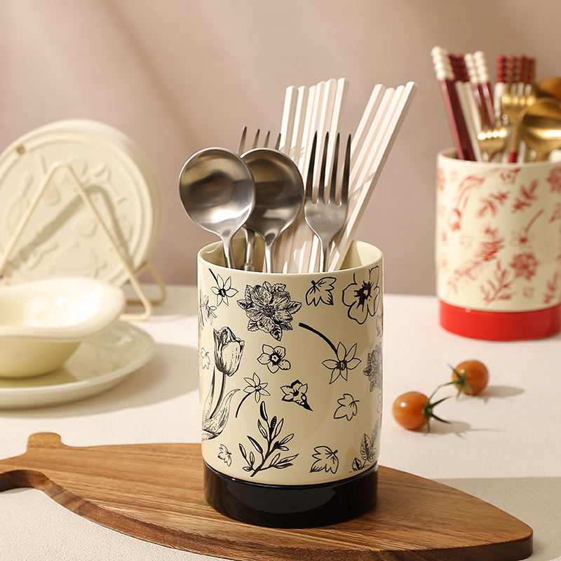 Utensil Holder 360° Rotating Cooking for Kitchen Utensil Crock for Farmhouse Decor Ceramic Utensil Caddy With Drainage Hole