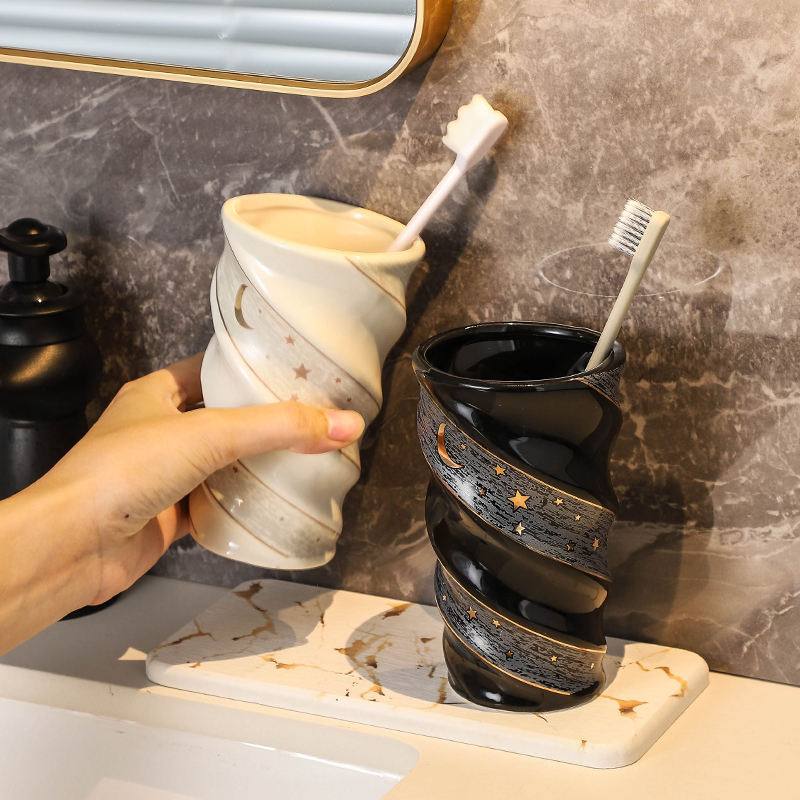 Stylish Creative Durable Ceramic Mouthwash Cup for Home Bathroom Hotel Restroom Exquisite Daily Use Couple Toothbrush Cups