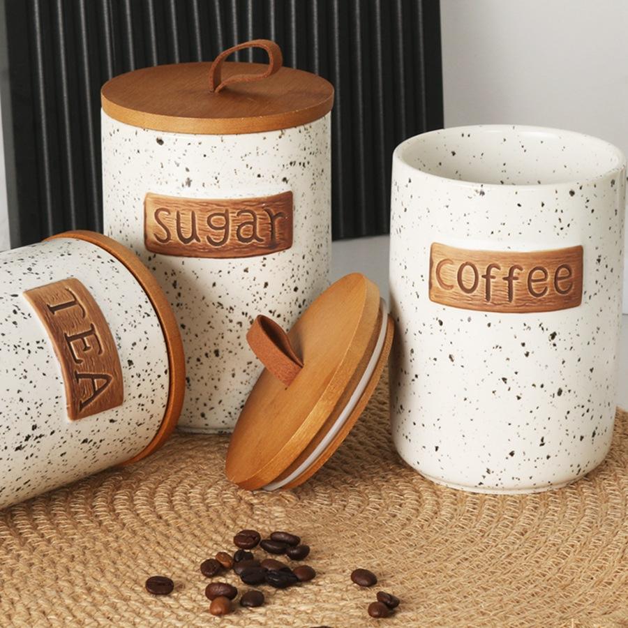 Handmade Ceramic Storage Jar Set with Wooden Lid Multi-Purpose Decorative Canister for Spices and Cookies