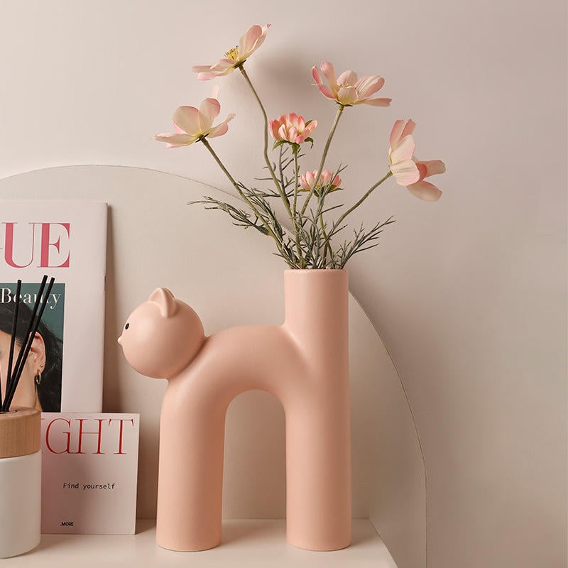 High Quality Cat-Shaped Ceramic Vase Set Unique Home Decorations Cute Dried Flowers Pot for Interior Decoration