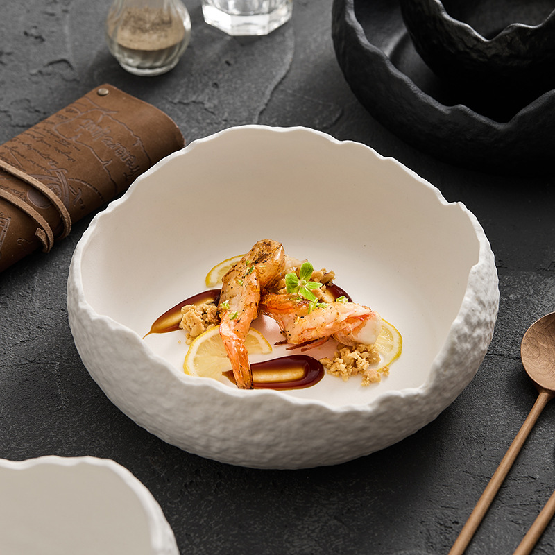 White Ceramic Soup Bowl Household Japanese Shaped Irregular Creative Fruit Salad Bowl