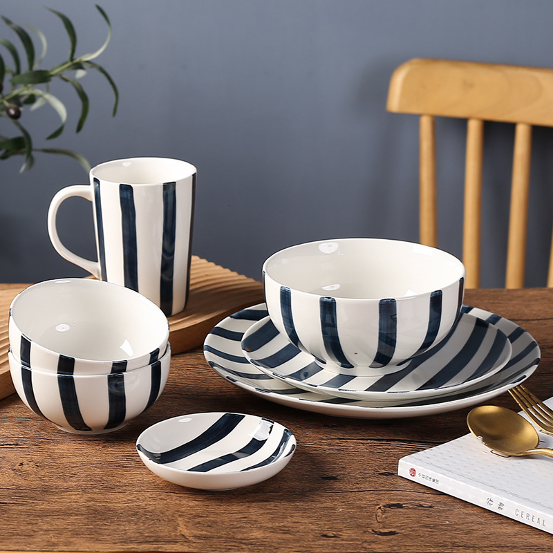 Nordic Black White Stripe Color Glazed Porcelain Round Bowls Soup Noodles Ceramic Bowl for Ramen