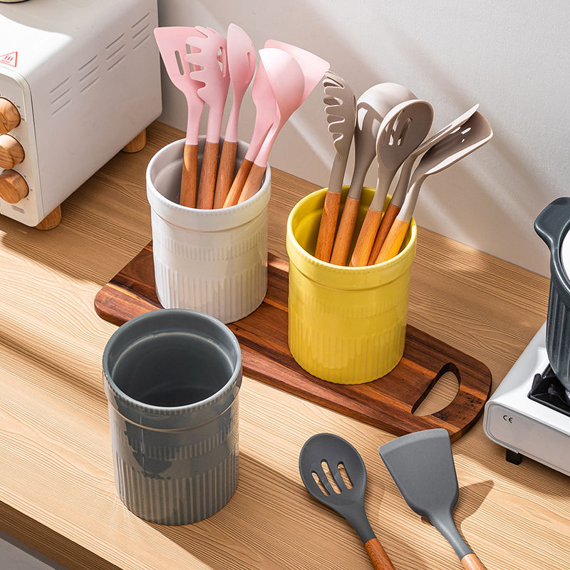 Large Kitchen Holder Gray White Yellow Ceramic Cooking Utensil Holder Strong and Rust-proof