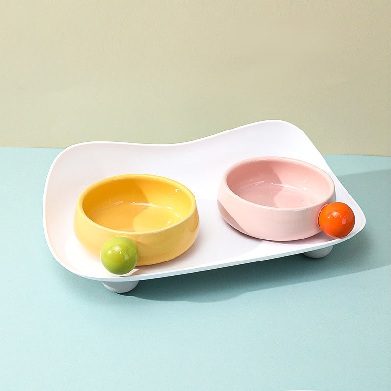 Double Bowl Pet Dining Plate Large Bore Dog Cat Bowl Boxed Sugar Bean Ceramic Portable Double Bottle Pet Food Water