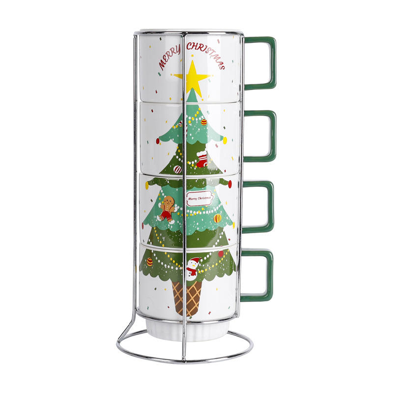 Custom Pattern 4Pack Stackable Microwave Dishwasher Safe Christmas Gift Stacking 300ml Ceramic Mug with Square Handle for Family