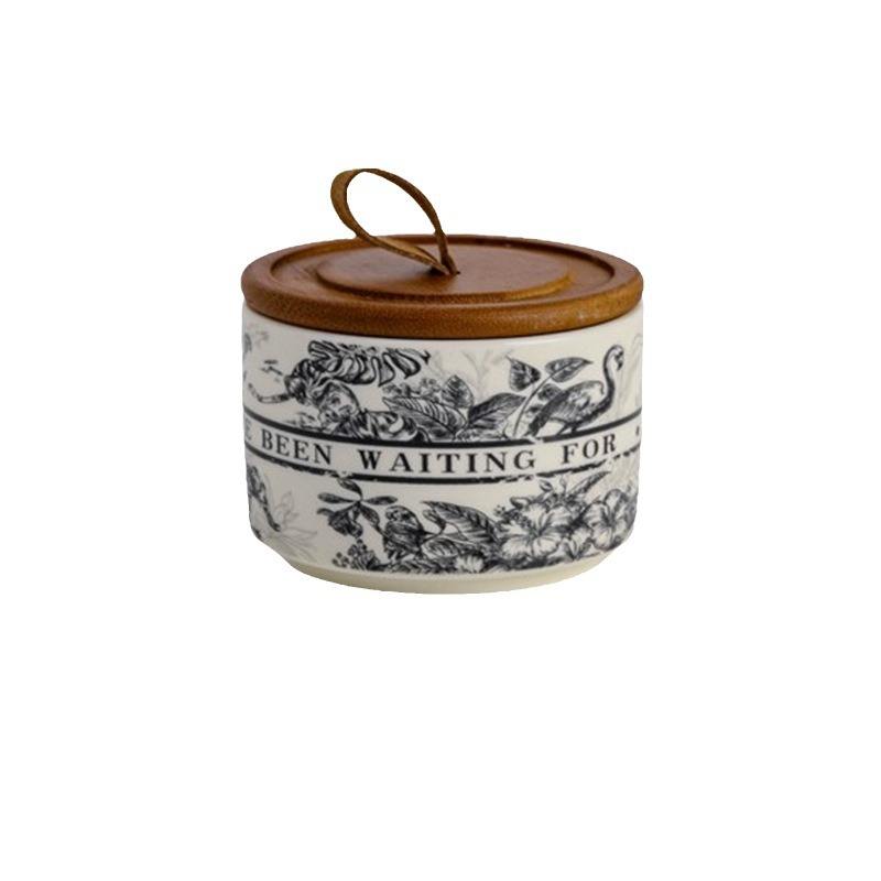 Vintage Design Round Shape Ceramic Tea Coffee Storage Jar With Wooden Bamboo Lid Custom Retro Pattern Kitchen Organizer