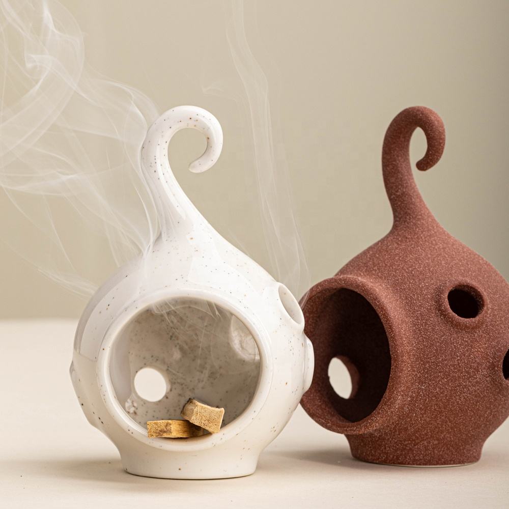 Handmade Ceramic Holder for Meditation Terracotta & White Incense Burner,Yoga Spiritual Decor