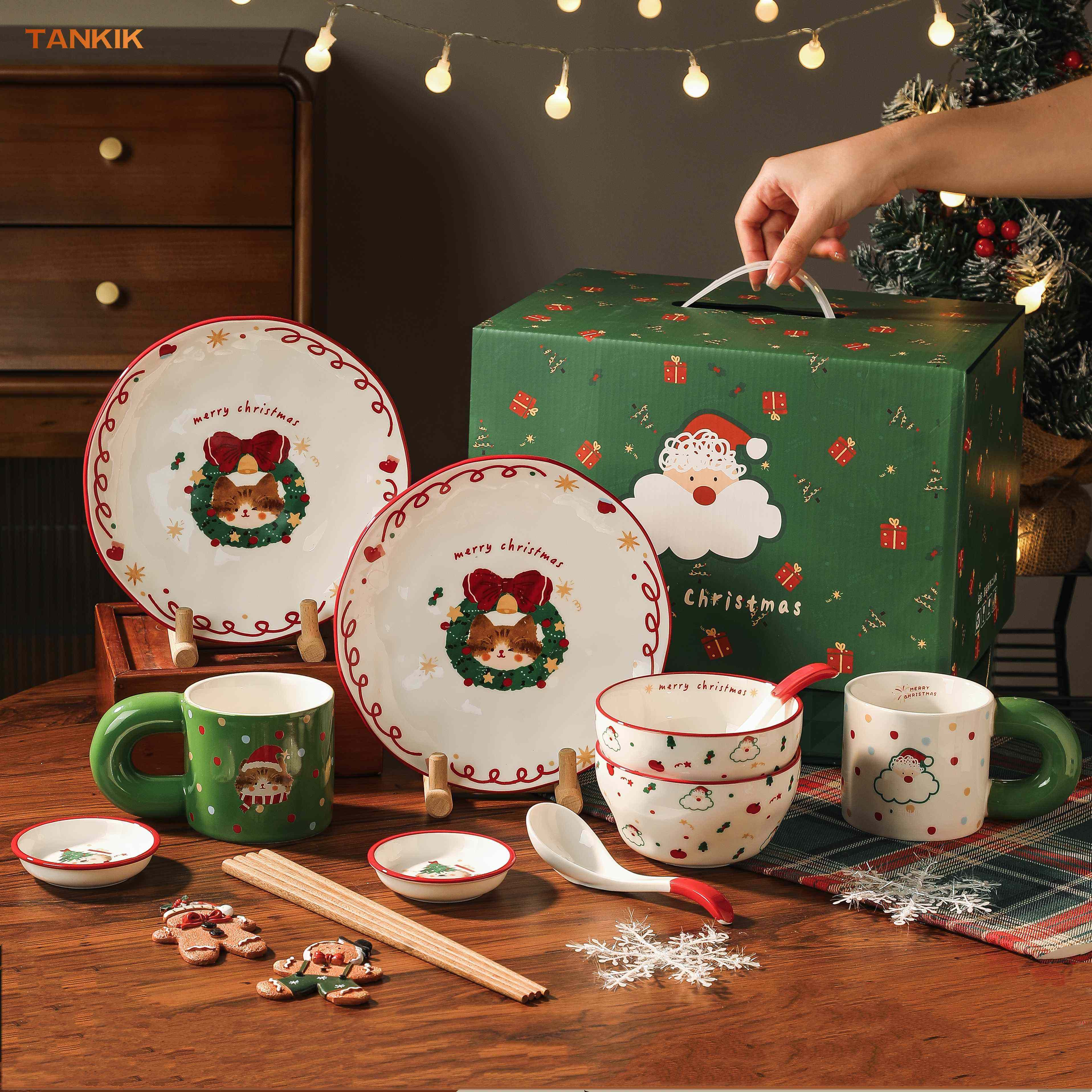 New  Cartoon Santa Claus Christmas Family Daily Friend Gift Mug Dinnerware Ceramic Porcelain Gift Bowl Plate Cup