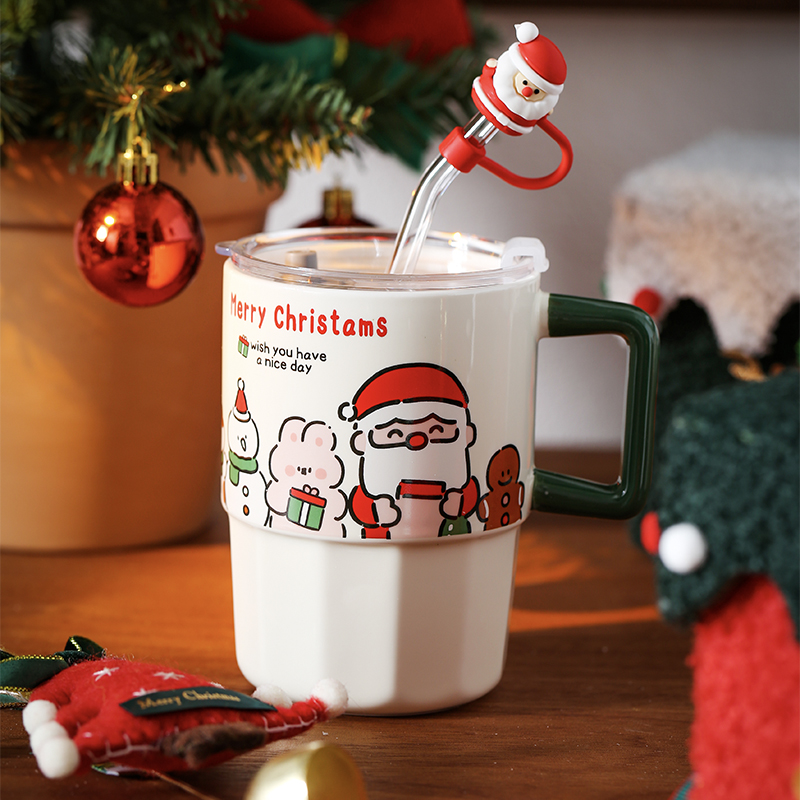 Christmas Gift Mug with Lid Straw Ceramic Mug High-value Practical Birthday Gift Christmas Ambience Gift