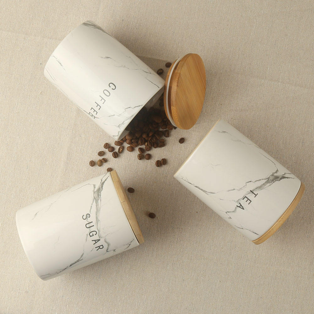  Gray Marble Decal Custom Design Ceramic Coffee Tea Sugar Canister Jar with Bamboo Lid and Silicone Ring Set