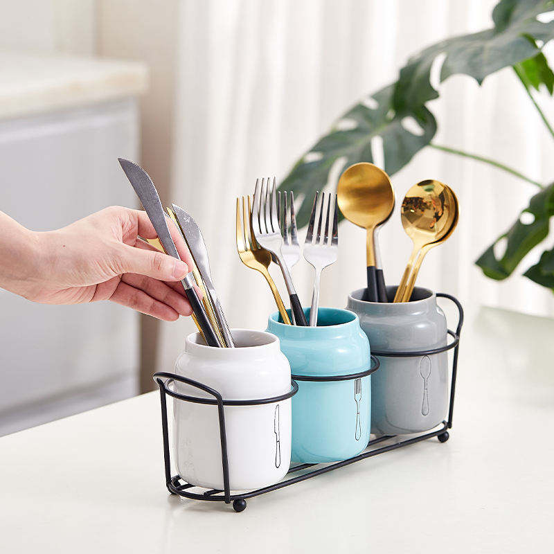 Modern Durable Ceramic Cutlery Caddy with Metal Rack Flatware Organizer Cups for Kitchen Storage Folding Design Sink Compatible