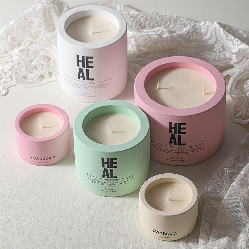 Pots de cire en céramique personnalisés en plusieurs couleurs Bougies au soja parfumées de luxe dans un pot en béton