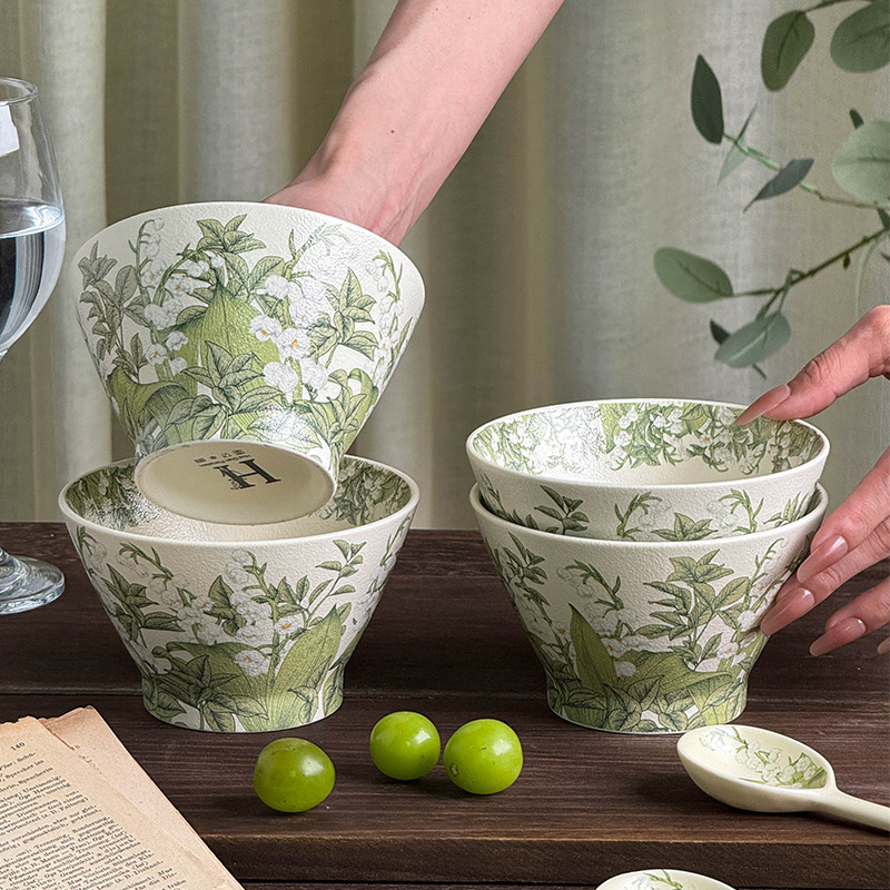 Modern Custom Flower Pattern Round Soup Noodle Bowl Tableware Green Ceramic Fruit Salad Bowl for Restaurant Service