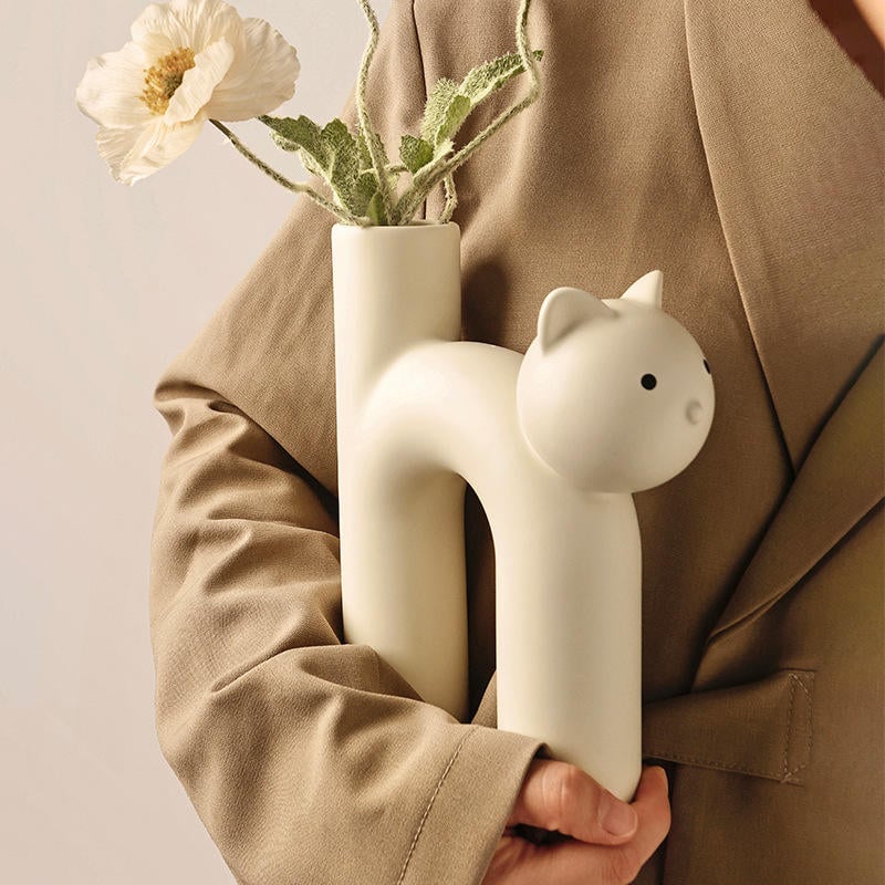 High Quality Cat-Shaped Ceramic Vase Set Unique Home Decorations Cute Dried Flowers Pot for Interior Decoration