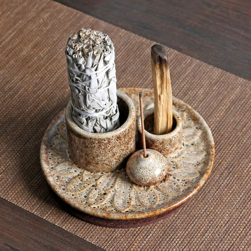Ceramic 4 in 1 Incense Burner Candle Holder for Burning Sage Smudge Bowl White Sage Palo Santo Sticks for Burning