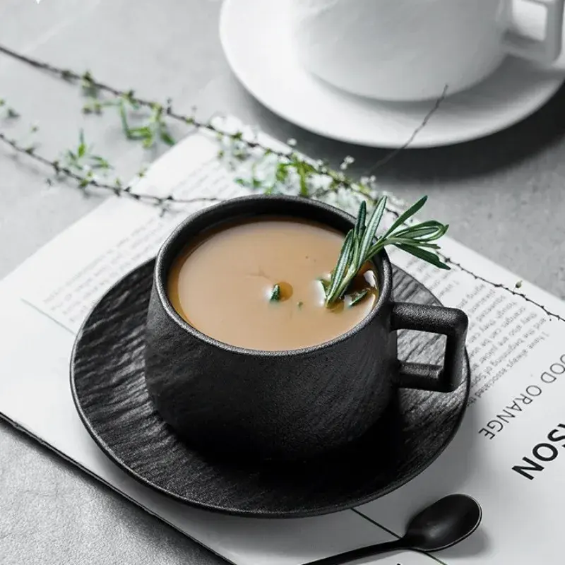 Creative Ceramic Coffee Mug Style Handmade Pottery Tea Cups With Handle and Saucer Set Porcelain Mugs Office or Café