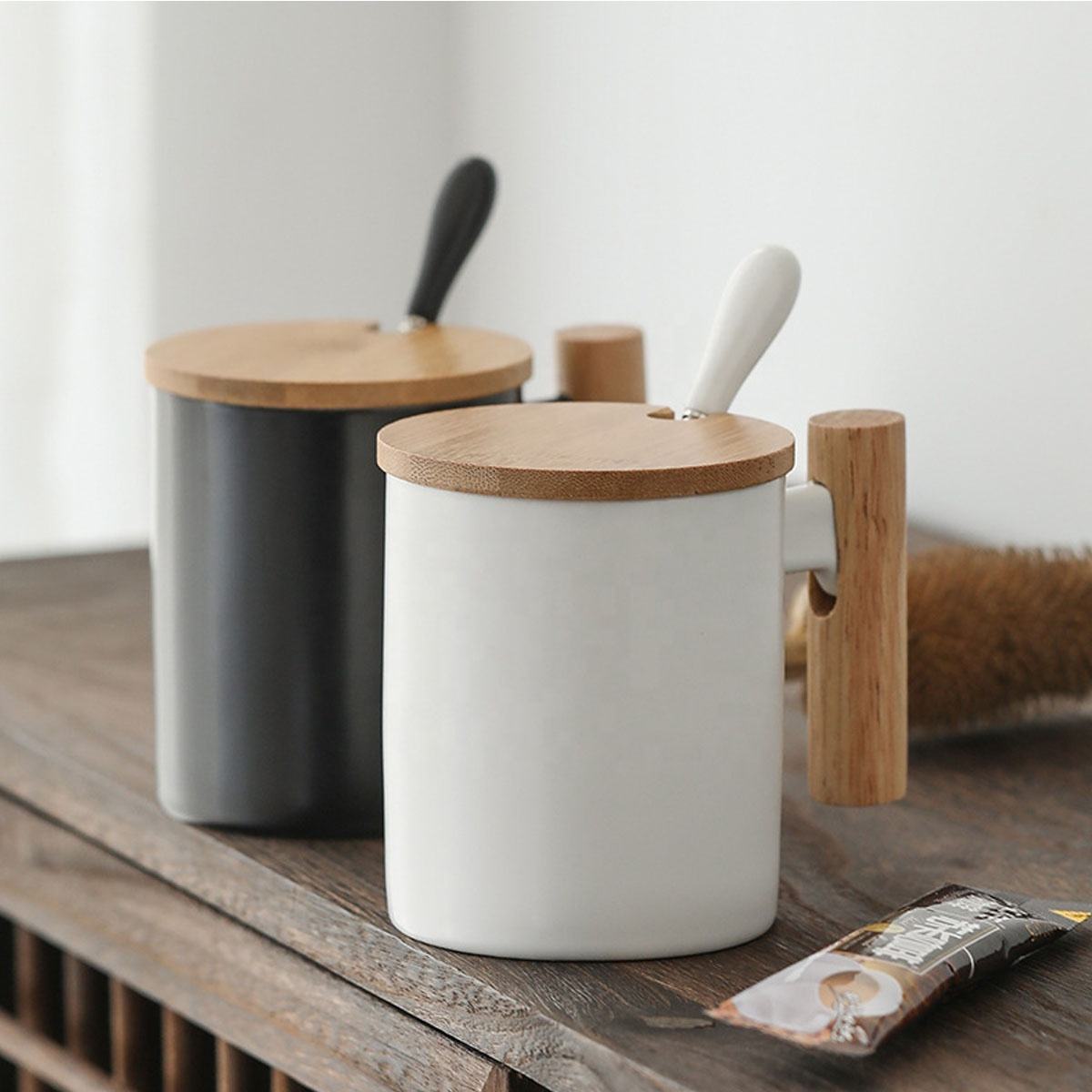 Wooden Handle Ceramic Cup Gift Box Set Simple Lover Water Cup Creative Mug Milk Tea Cup with Lid