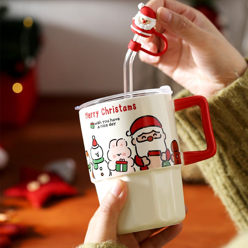 Christmas Gift Mug with Lid Straw Ceramic Mug High-value Practical Birthday Gift Christmas Ambience Gift