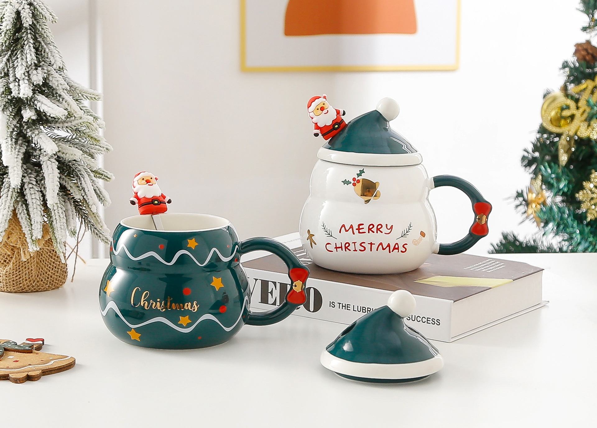 Christmas Ceramic Cup With Lid Spoon Cartoon Santa Claus Gift Box Christmas Mug