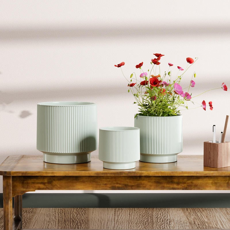 Nordic Modern Morandi Style Straight Glazed Ceramic Flowerpot Set Hot Wholesale for Home Garden Planters & Flower Pots