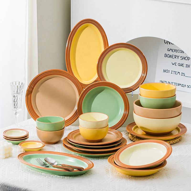 Eco-Friendly Matte Surface Ceramic Dinnerware Set Sustainable Daily Home Use Porcelain Plate Bowl Color Enamel Glaze Sauce Dish