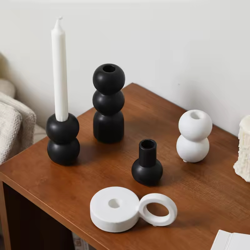 Vintage Furniture Home Tabletop Candle Holder Base Centerpiece Black and White Ceramic Candle Holder