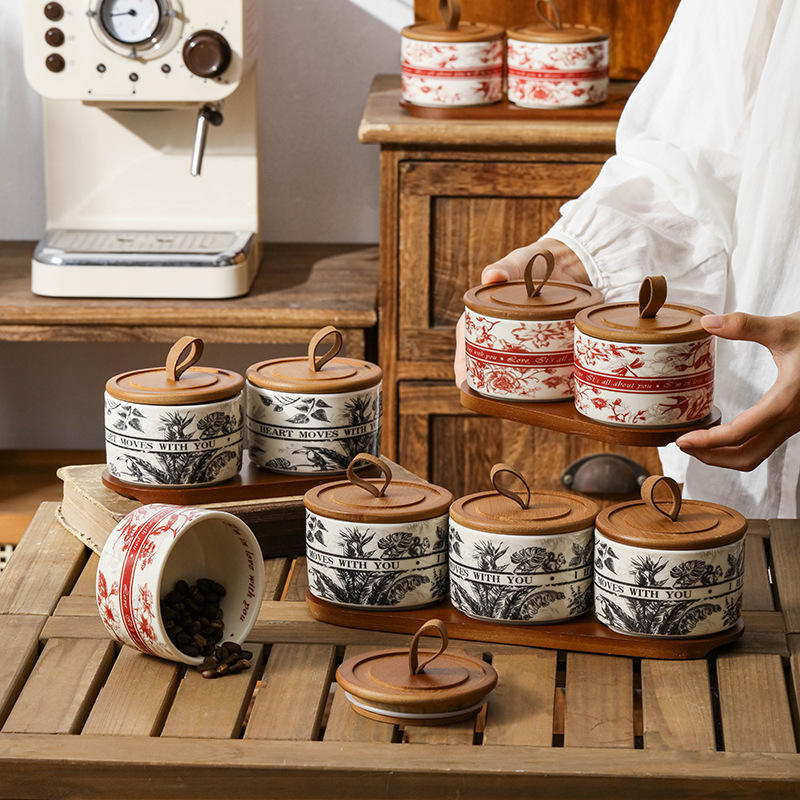 Vintage Design Round Shape Ceramic Tea Coffee Storage Jar With Wooden Bamboo Lid Custom Retro Pattern Kitchen Organizer