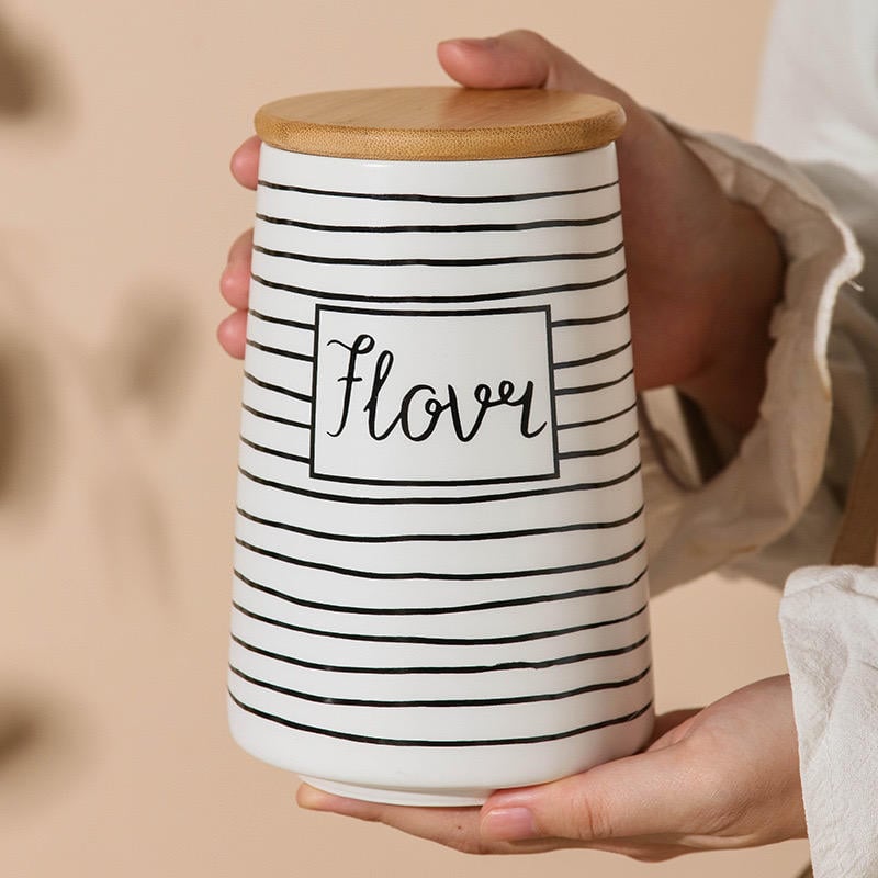 Black White Ceramic Food Storage Jars With Bamboo Lids Canister Jar Ceramic Storage Pots Jars Potting Pots