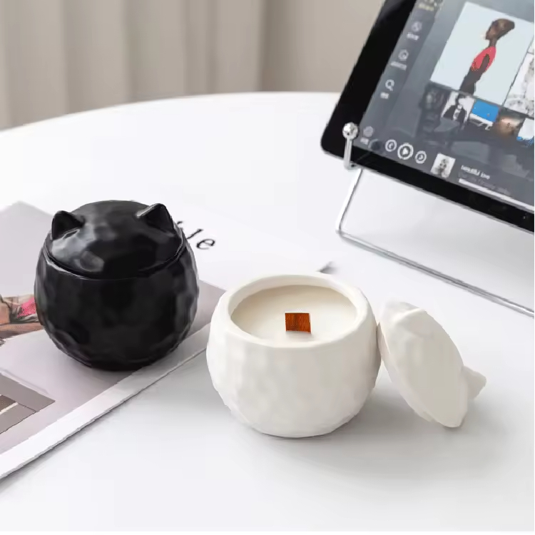 Semplice Barattolo in Ceramica per Cera Riempitivo Kitten Nero e Bianco Barattolo Vuoto per Cera Riempitivo