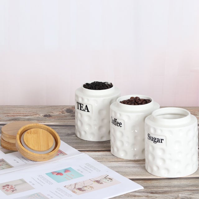 Tea Coffee Sugar Ceramic Seal Pot Set Containers Stone Spices Seasoner Pot Storage Box Ceramic Canister Set With Wooden Lids